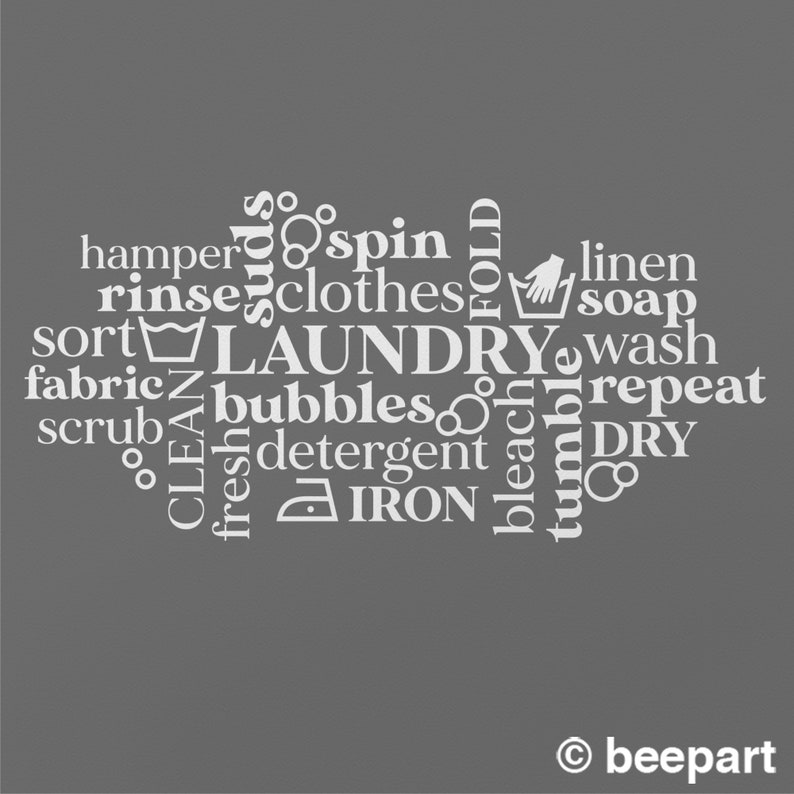 May include: White text on a gray background spelling out laundry related words in a word cloud design. The words include: hamper, spin, rinse, clothes, laundry, sort, fabric, bubbles, detergent, iron, bleach, tumble, linen, soap, wash, repeat, and dry.