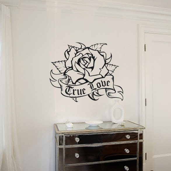 rose wall decal with custom banner, traditional rose tattoo art
