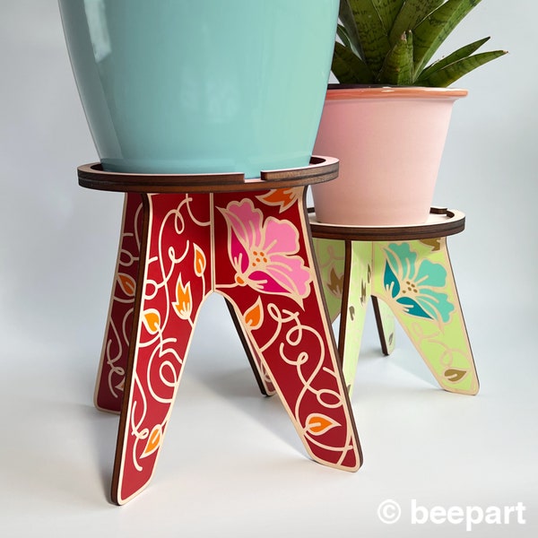 Painted wood plant stand with floral pattern design, wood plant holder for indoor plants, house plant stand for flower pot