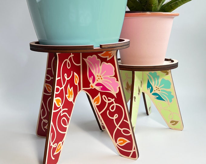 Painted wood plant stand with floral pattern design, wood plant holder for indoor plants, house plant stand for flower pt