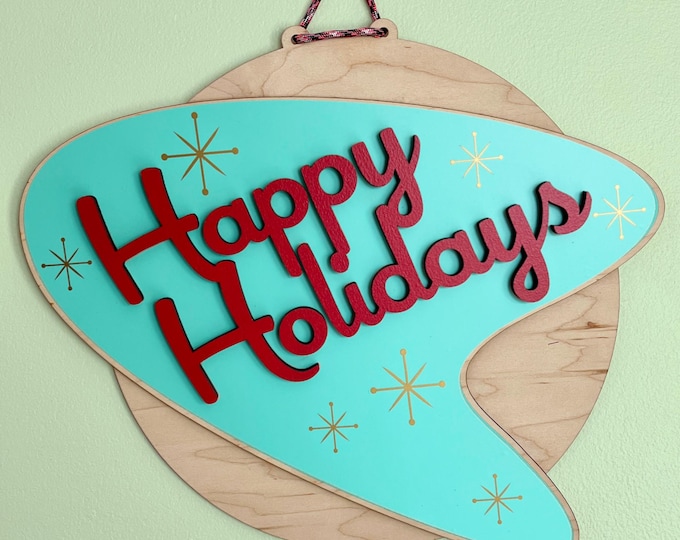 Retro Happy Holidays door sign, mid century modern Christmas wall hanging, boomerang door sign, starburst design, retro holiday decor