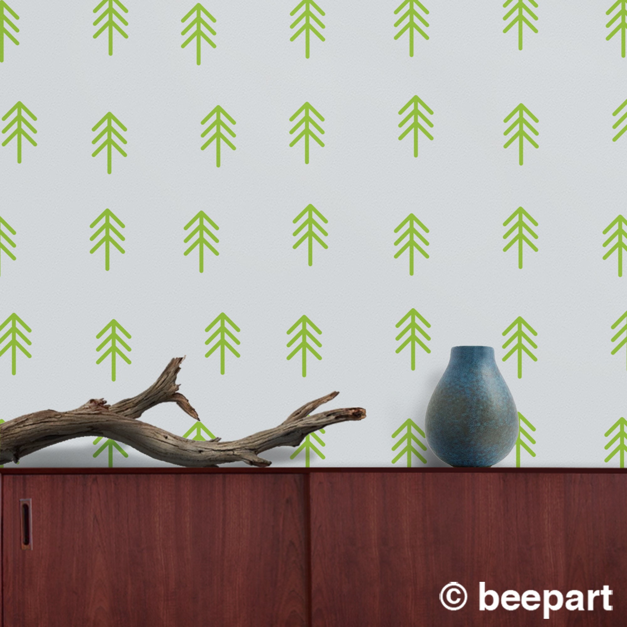 Green trees wall decal- tree pattern, green forest decals, woods, outdoors,  wilderness art, tree stickers