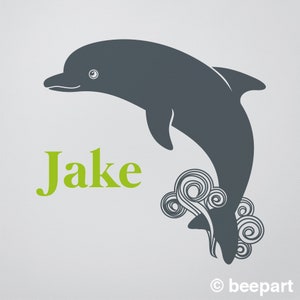 Dolphin wall decal custom name decal, cute animal art, nursery decor, kids room, undersea animals dark grey