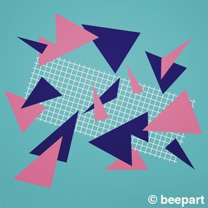 May include: Abstract geometric design with pink and blue triangles on a light blue background. A white grid pattern is behind some of the triangles.