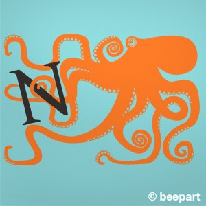 octopus monogram wall decal, large octopus sticker art, custom initial decal, kid's room decor, FREE SHIPPING bright orange