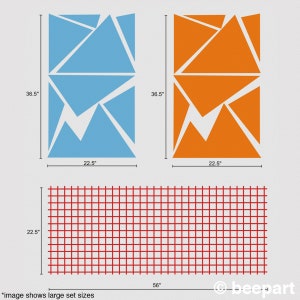 May include: Two sets of geometric shapes, one blue and one orange, each measuring 22.5 inches by 36.5 inches. Below is a grid of 56 inches by 22.5 inches.