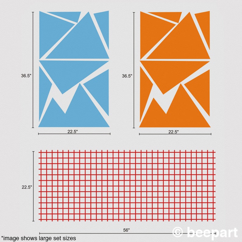 May include: Two sets of geometric shapes, one blue and one orange, each measuring 22.5 inches by 36.5 inches. Below is a grid of 56 inches by 22.5 inches.