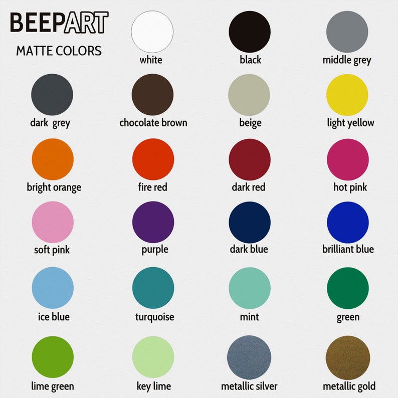 May include: A chart of 18 matte paint colors, including white, black, middle grey, dark grey, chocolate brown, beige, light yellow, bright orange, fire red, dark red, hot pink, soft pink, purple, dark blue, brilliant blue, ice blue, turquoise, mint, green, lime green, key lime, metallic silver, and metallic gold.