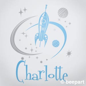 May include: A blue rocket ship with a silver atom symbol on the side, flying through a silver orbit with two silver planets and stars. The name Charlotte is written in blue below the rocket.
