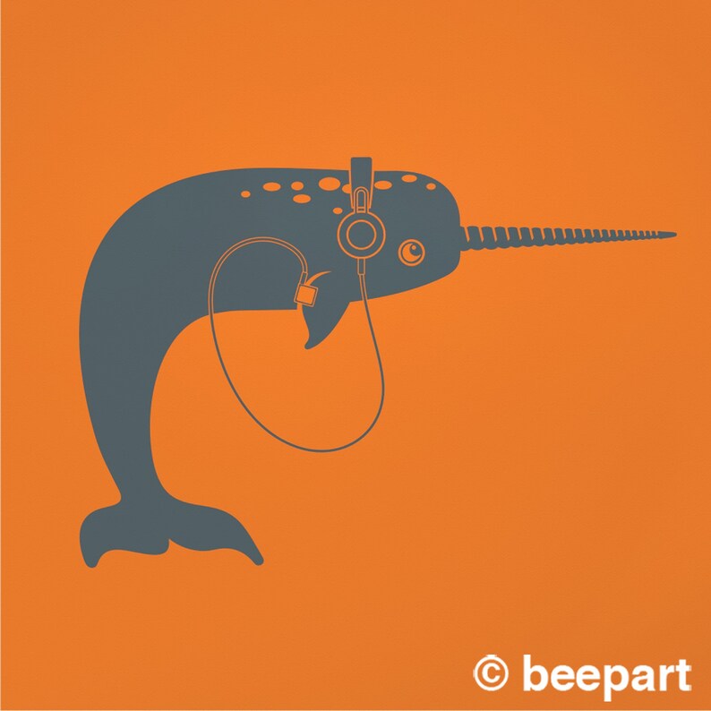 Narwhal with headphones wall decal narwhal sticker, under the sea, sea creatures, music art, musician gift, music lover gift, animal art image 3