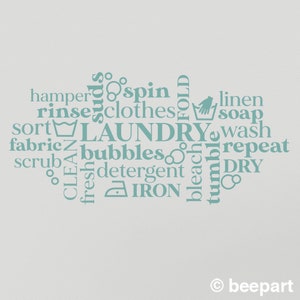 May include: A teal blue word cloud with laundry related words, including "LAUNDRY", "spin", "clothes", "rinse", "iron", "detergent", "clean", "fresh", "fabric", "scrub", "hamper", "sort", "fold", "tumble", "bleach", "dry", "wash", "repeat", "soap", "linen", "bubbles", and "suuds".