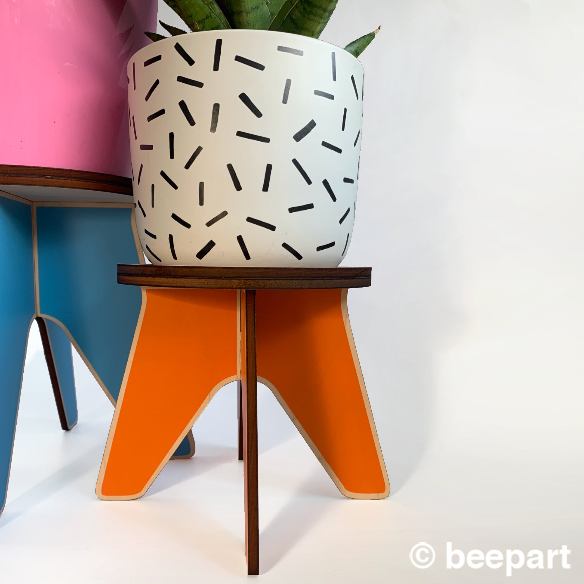 Colorful wood plant stand, LOOOP, wooden plant holder, indoor plant