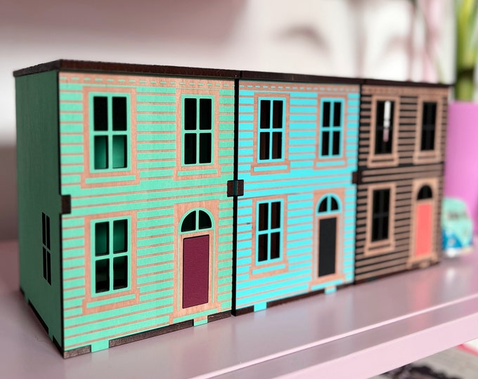 East Coast miniature row house, colorful biscuit box style miniature house for shelf, Halifax wooden house miniature