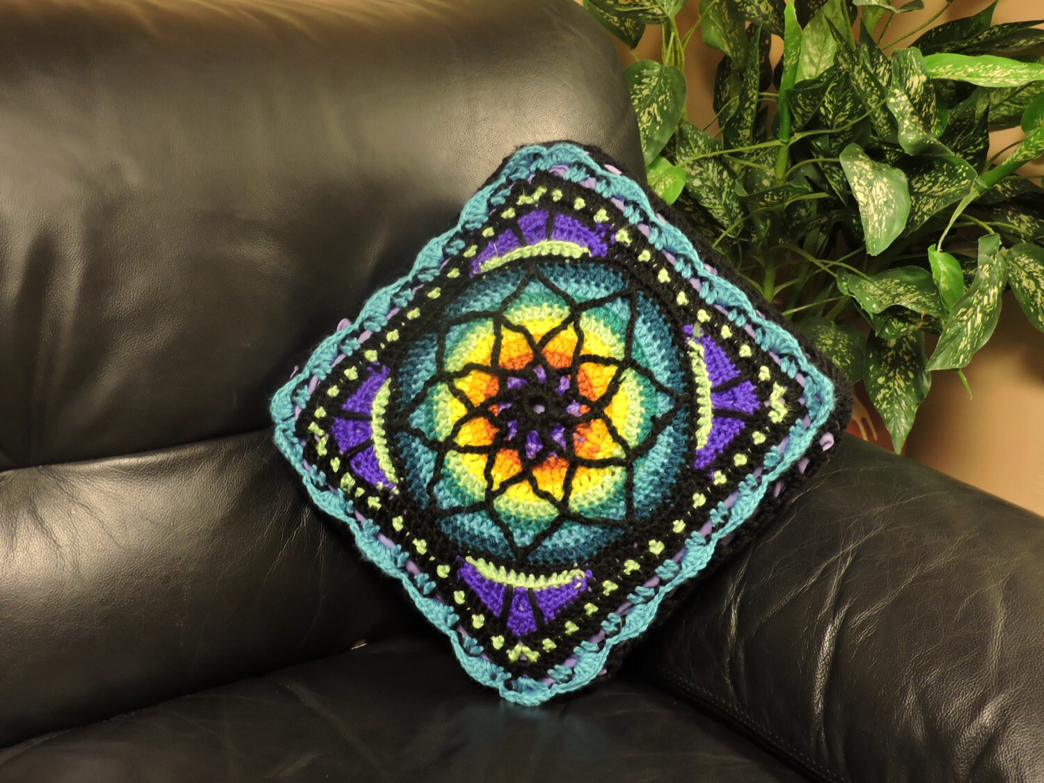 Stained Glass crochet pillow 14 x 14 natural yarn Etsy