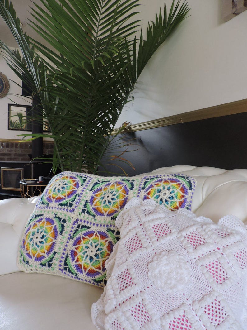 Stained glass crochet bed pillow 32 x 16 made with natural Etsy