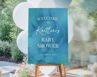 Babyparty Willkommensschild personalisiert: Blaue Blumenleinwand