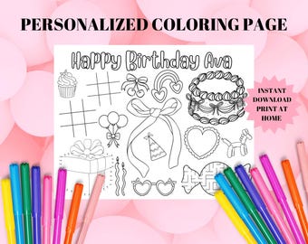 Pastel Pink Coquette Ribbon Bow Birthday Party Coloring Page Activity Placemat. Editable. Any age.