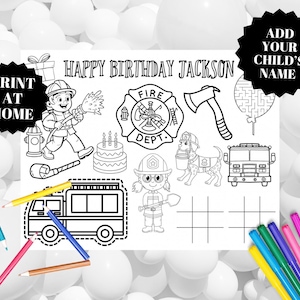 Personalize Fire Truck Birthday Coloring Page, Editable Birthday Placemat, Fire Truck Party, Fire Truck, Fire Fighter Party