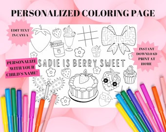 Strawberry Berry First Birthday Party Coloring Page Placemat. Editable. Any age.