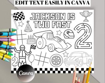 Personalized Two Fast birthday coloring page, Printable race car coloring placemat, racing theme Birthday coloring Activity Sheet, Two Fast