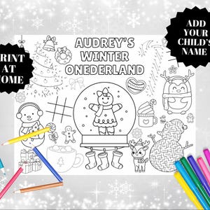 Personalized Winter ONEderland Birthday Coloring Page Placemat, Christmas Wonderland, Holiday Favors 1st Birthday Party Favors, Christmas