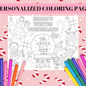 Personalized Winter ONEderland Birthday Coloring Page Placemat, Christmas Wonderland, Holiday Favors 1st Birthday Party Favors, Christmas