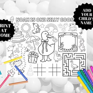 Silly Goose Personalized Birthday Party Coloring Page, One Silly Goose, Coloring Placemat, Spring Birthday, First Birthday