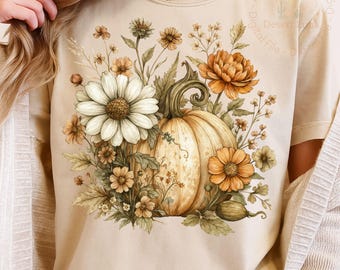 Boho Kürbis Blumen PNG, Herbstblumen Sublimationsdesign, Vintage Herbst Kürbis Clipart, Erntedank Ernte PNG Download