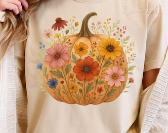 Floral Pumpkin Png, Boho Fall Pumpkin Shirt, Preppy Fall png, Retro Autumn Flowers Sublimation, Pumpkin Season Png, Boho Floral Fall png