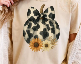 Cow Print Pumpkin PNG | Fall Sublimation Design | Western Autumn Digital Download | Pumpkin Coquette Bow Png | Floral Fall Pumpkin Art