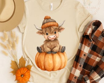 Funny Halloween Cow PNG: Retro Pumpkin Highland Cow Shirt Design , Digital Download