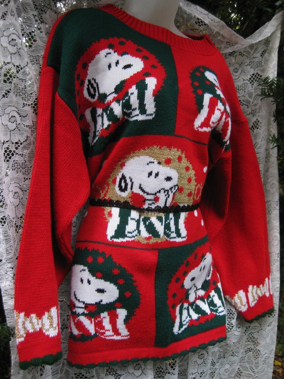 Larger SNOOPY in Wreaths PEANUTS New Years sweater