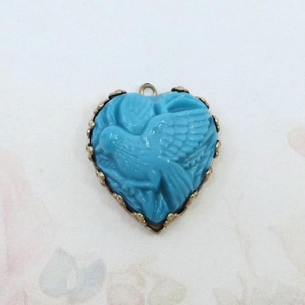 Vintage German Glass Heart Pendant, Blue Bird, 20mm, 1 piece