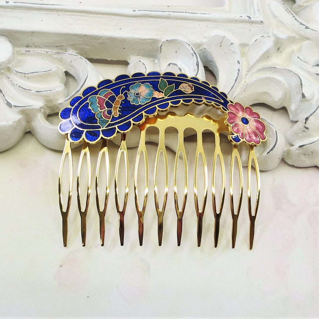 Vintage Cloisonne Hair Comb, Vintage Enamel Hair Comb, Hair  display picture 1