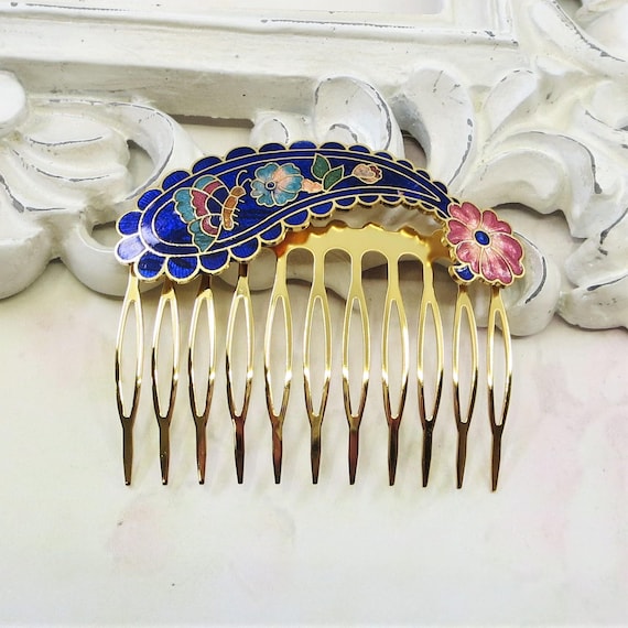 Cloisonné Floral Vintage Gold Hair Comb - and Earrings Decorative Set Cloisonne Hair Comb - Etsy main image 2