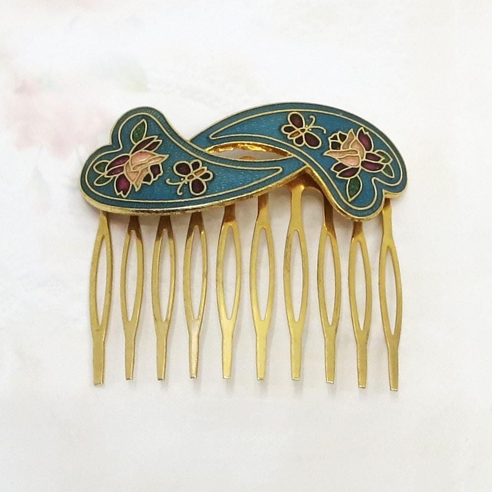 Vintage Cloisonne Hair Comb, Vintage Enamel Hair Comb, Heart  display picture 3