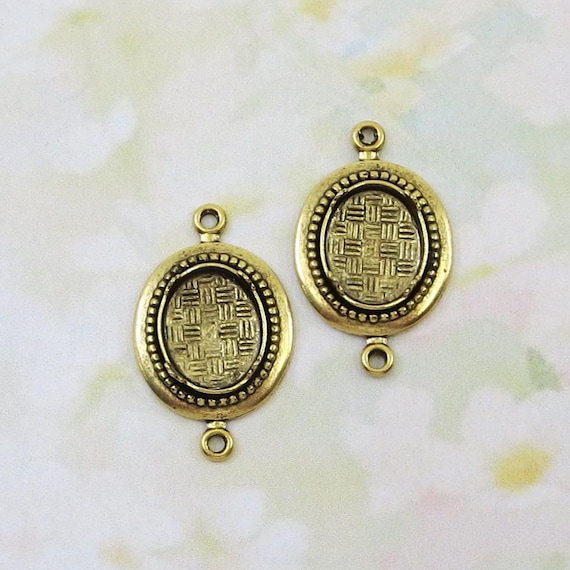 Vintage Brass Cabochon Connector, 10x8mm Cab Prong Setting, 18kt Gold, 2 pieces