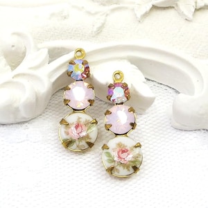 Swarovski Layered Crystals, Austrian Crystal Drops, Triple Layer, Vintage Pink Rose Cameo, Earring Dangles, 23mm, 2 pieces