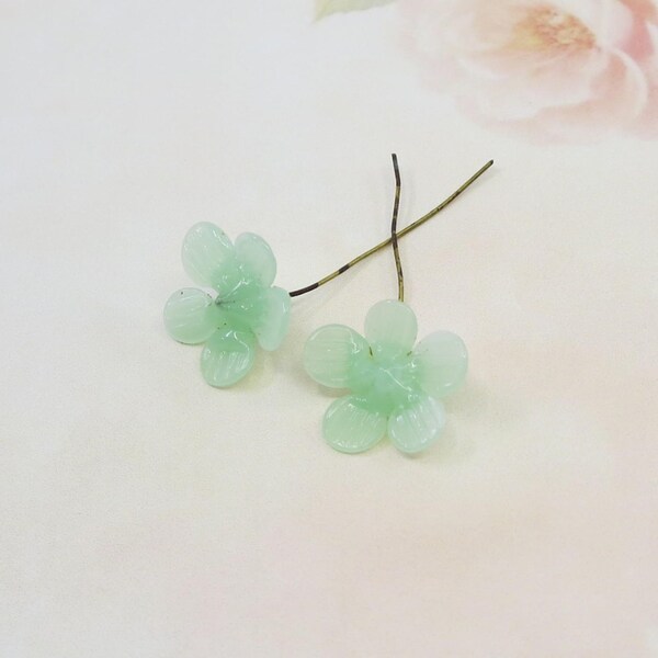 Vintage Japanese Glass Flowers on Wires, Mint Green Opal, 2 pieces