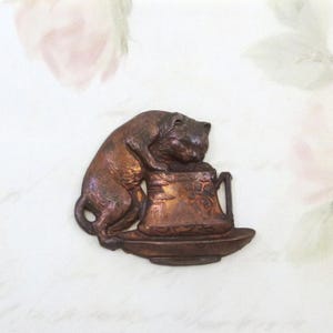 Vintage Brass Kitty, RARE Vintage French Brass, Cat Drinking from Cup, 1 piece