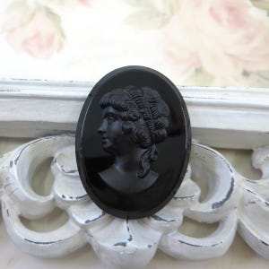 Vintage West Germany Glass Cameo, Jet Black Lady Cameo, 40x30mm, 1 piece
