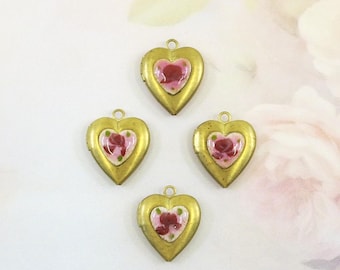 Vintage Enamel Heart Locket, Guilloche Heart, Small Brass Heart Locket, Flower Locket, 1 piece