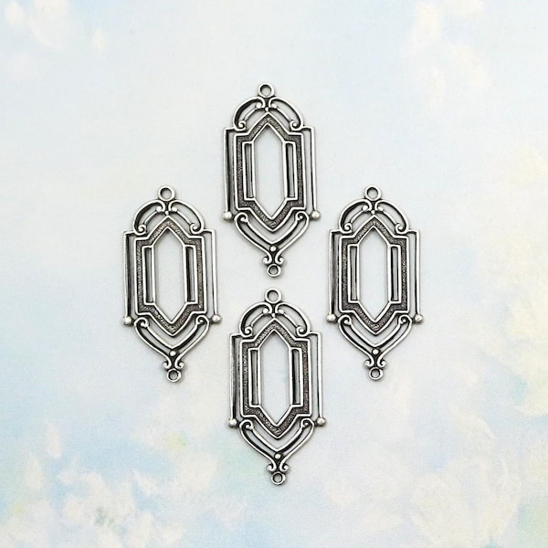 Art Deco Brass Connector Pendants, Antiqued Sterling Silver, 2 rings, 28mm, 4 pieces