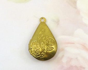 Vintage Messing Teardrop Medaillon, Blumen Medaillon, Rohmessing, 24 mm, 1 Stück