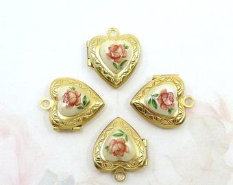 Roze rozenhartmedaillon, bloemenmedaillon, matgouden hartmedaillon, 1 stuk