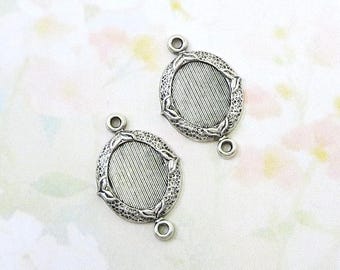 Vintage Brass Cabochon Connector, 10x8mm Cab Setting, Antiqued Silver, 2 pieces