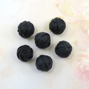 Vintage West German Lucite Beads, Matte Black Carved Beads, 14mm, 2 pieces