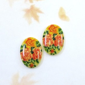 Vintage German Milk Glass Cabochon, Vintage Decal Flower Cabochon, 18x13mm, 2 pieces