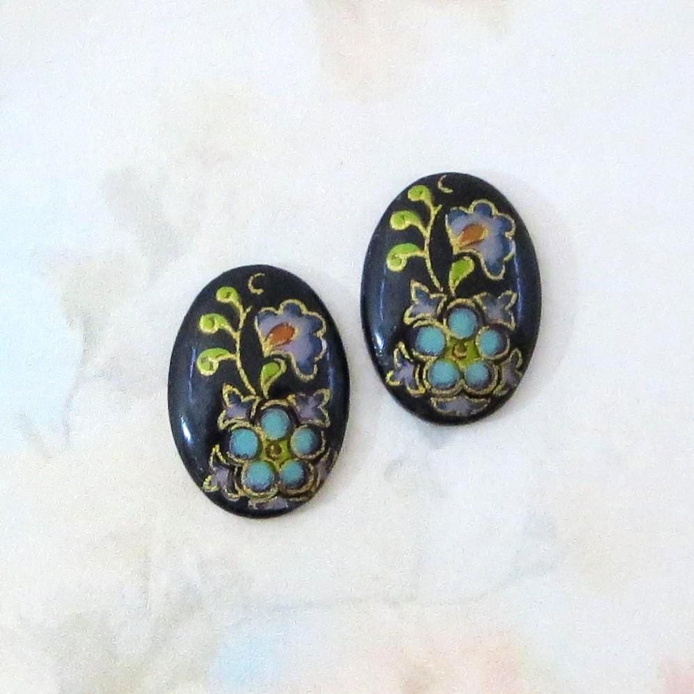 Vintage Japanese Porcelain Flower Cabochon, Floral Decal Cab, 18x13mm, 2 pieces