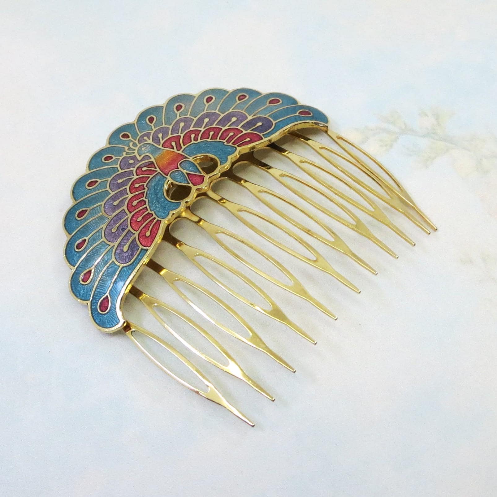 2 Vintage Peacock Hair Combs cloisonne hair combs products for sale | eBay main image 3